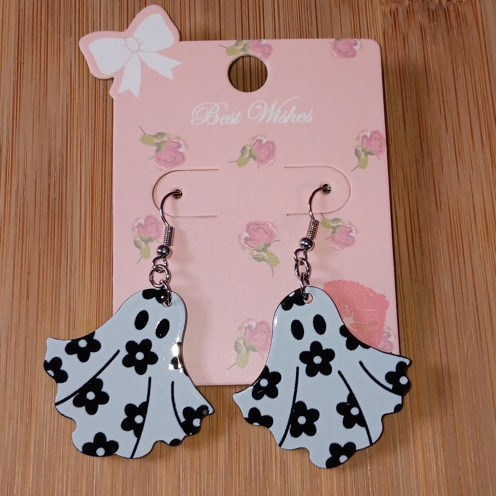"Mod Ghost" Cute Girly White Ghost Black Floral Print New!
